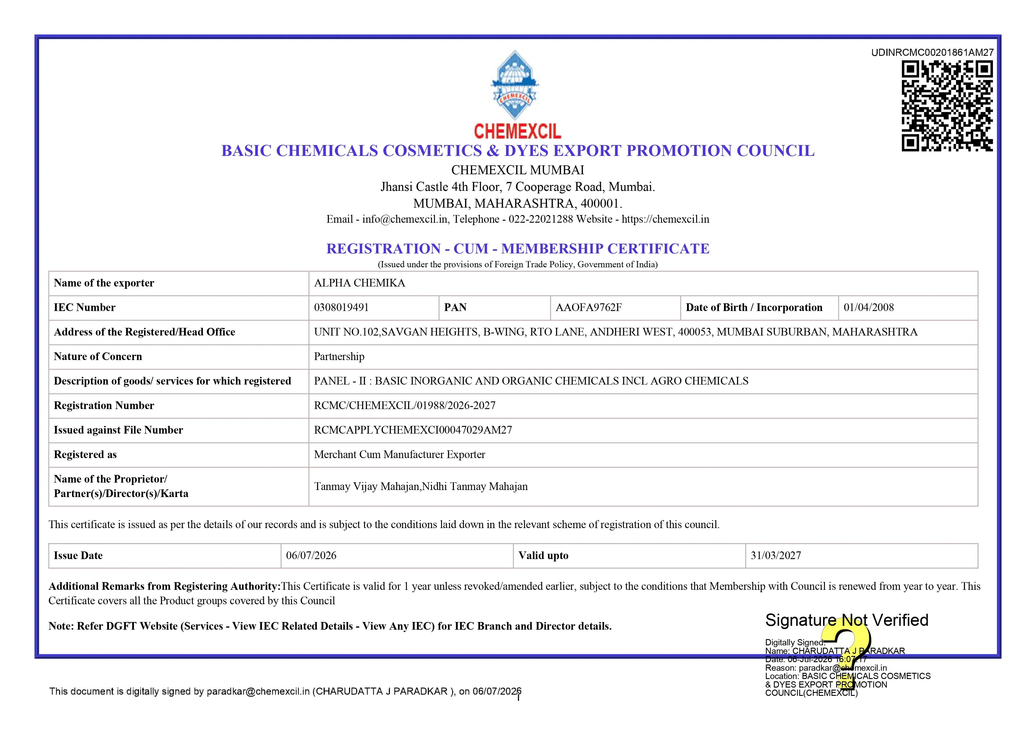 Chemexcil Membership Certificate