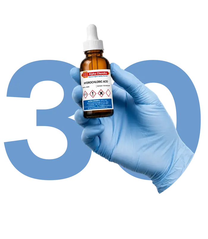 45 years of Alpha Chemika manufacturing excellence — gloved hand holding a manufactured chemical bottle